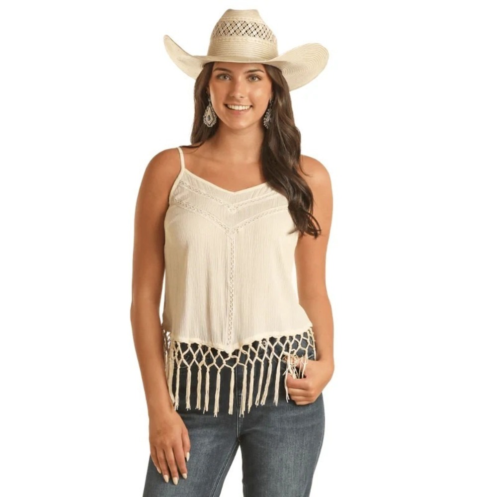 Rock & Roll Cowgirl Fringe Tank Top‎ XL Cream Boho Lace Crochet Western